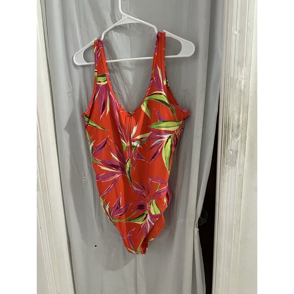 Old Navy Orange Tropical Print Zip Front Scoop Back One Piece Swimsuit Sz Xl